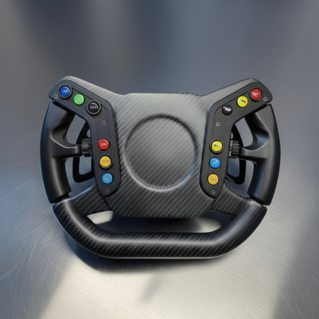 Square product image of the 992 Cup Sim Racing GT Wheel by Powerful Steering, featuring a black carbon fiber frame, high-toughness rubber-injected grips, and precision racing controls. Designed for professional sim racing enthusiasts, lightweight at 1300g, and compatible with major wheel bases for realistic racing simulation experiences.