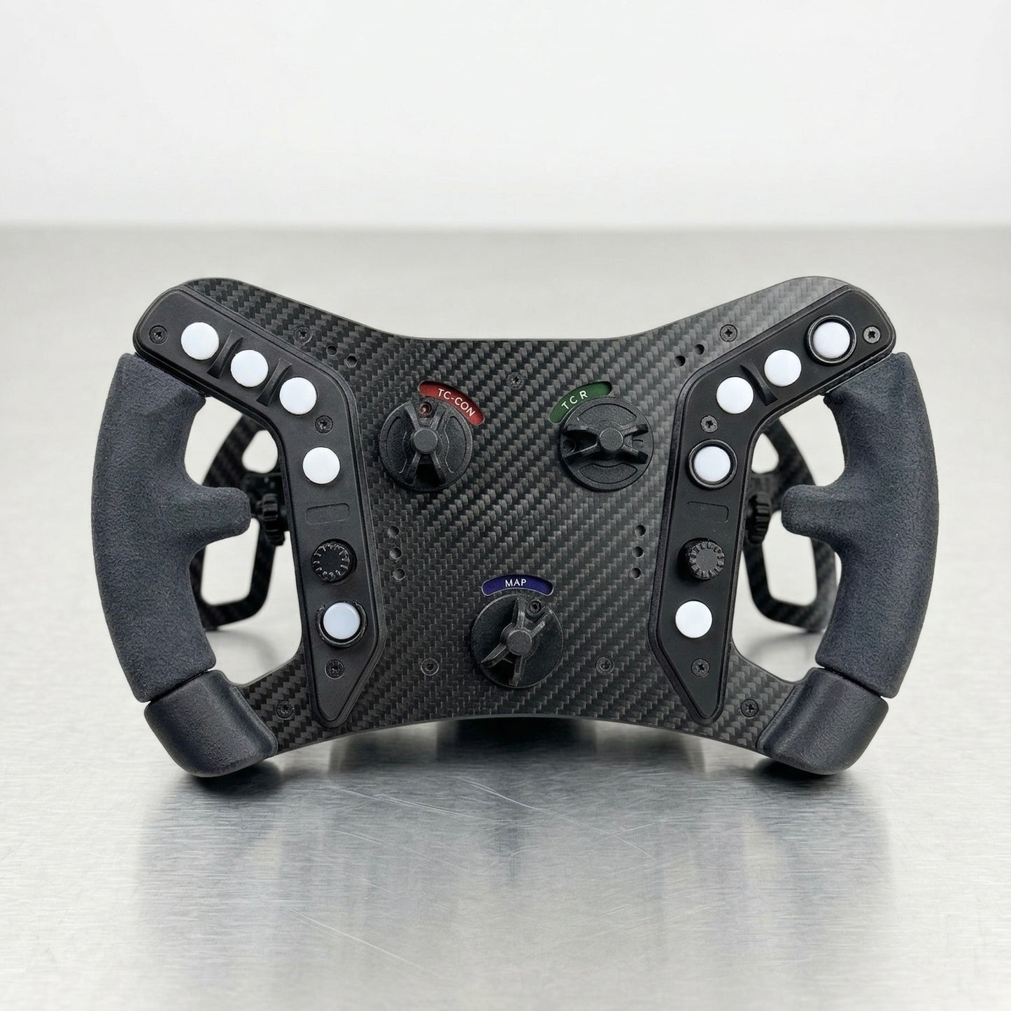 Powerfulsteering AMR GT3 sim racing wheel inspired by Aston Martin Vantage GT3 — Alcantara grips carbon fiber frame 12 APEM buttons and dual carbon paddle shifters