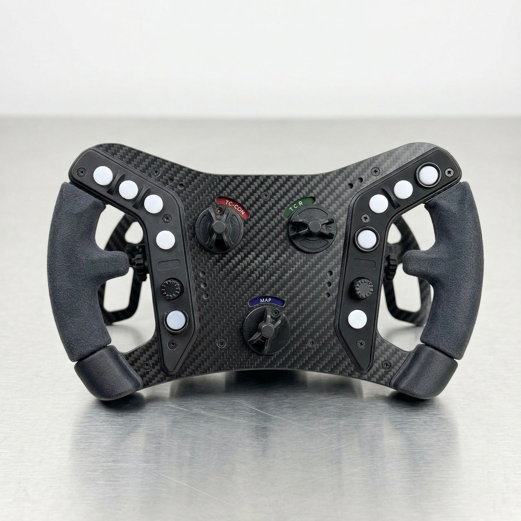 Powerfulsteering AMR GT3 sim racing wheel inspired by Aston Martin Vantage GT3 — Alcantara grips carbon fiber frame 12 APEM buttons and dual carbon paddle shifters