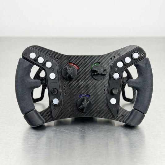 Powerfulsteering AMR GT3 sim racing wheel inspired by Aston Martin Vantage GT3 — Alcantara grips carbon fiber frame 12 APEM buttons and dual carbon paddle shifters