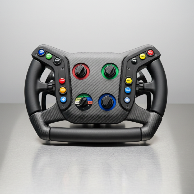 992R Sim Racing GT Wheel product image showing a high-quality racing wheel with a full carbon fiber frame, ergonomic hand grips, and detailed button layout, designed for professional sim racing setups.
