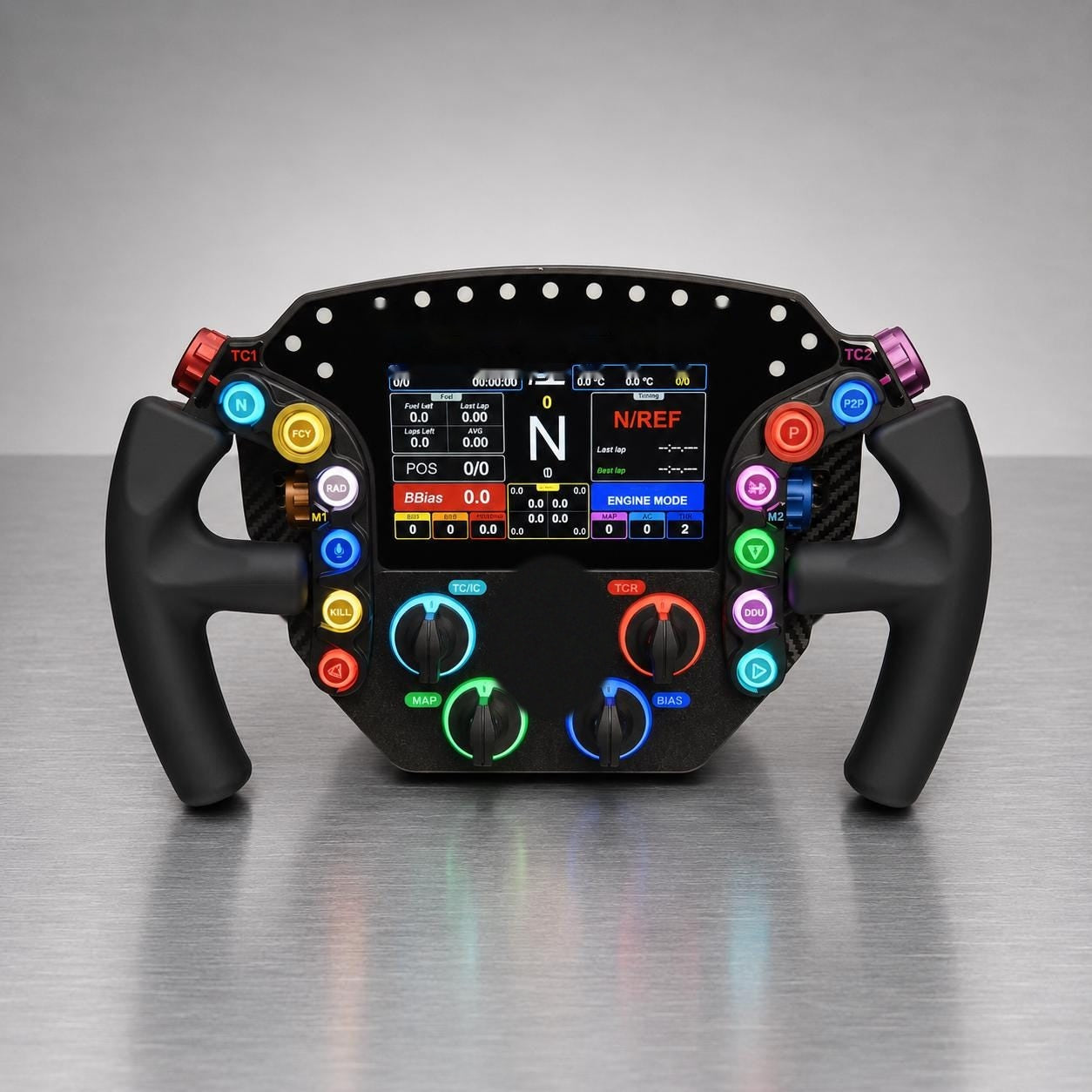 Porsche 911 GTE Pro carbon fiber sim racing wheel with 5-inch display, front view