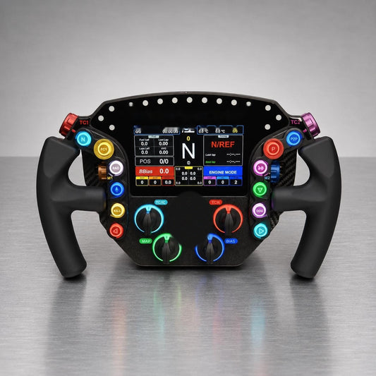 Porsche 911 GTE Pro carbon fiber sim racing wheel with 5-inch display, front view