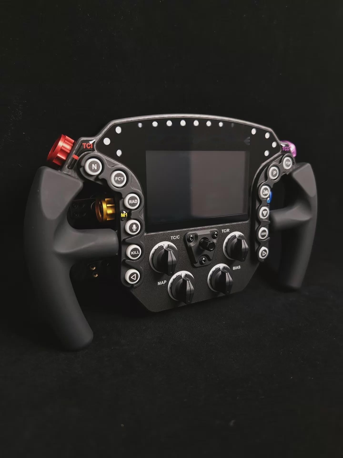 911 GTE Pro GT3 sim racing wheel button layout with RGB rotary encoders and joystick