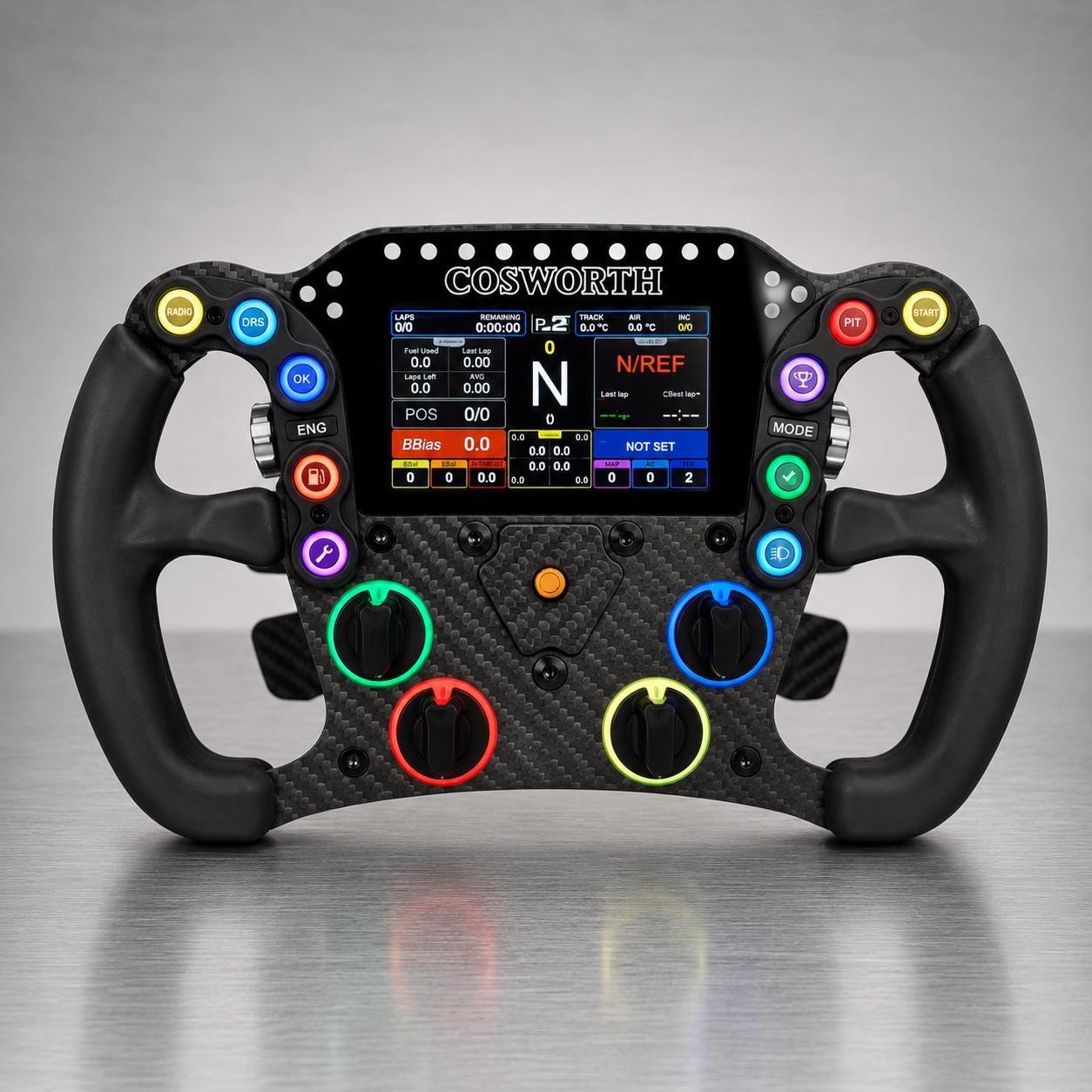 LMP2 Pro endurance sim racing wheel — carbon fiber with 4.3-inch display, front view