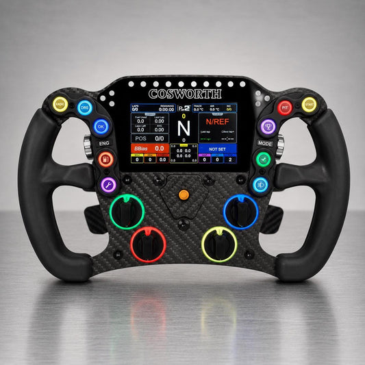 LMP2 Pro endurance sim racing wheel — carbon fiber with 4.3-inch display, front view