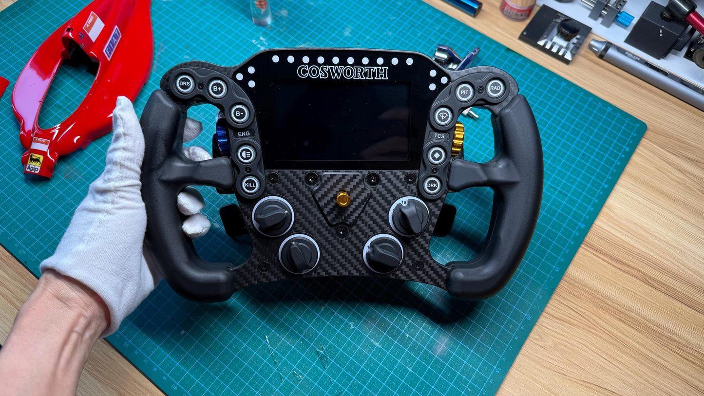 LMP2 Pro sim racing wheel — carbon fiber construction detail